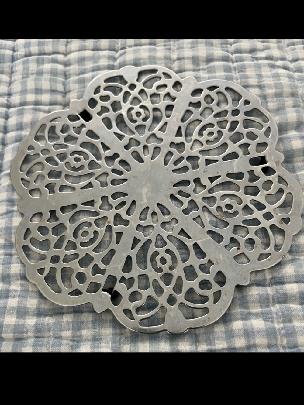 Two Mid-Century Scrollwork Hot Plate Trivets Ornate Silver Retro Filigree Floral